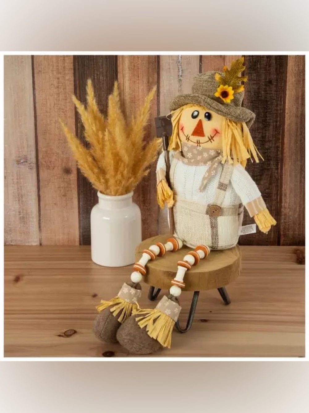 Fall Scarecrow Holding A Shovel Weighted Shelf Sitter